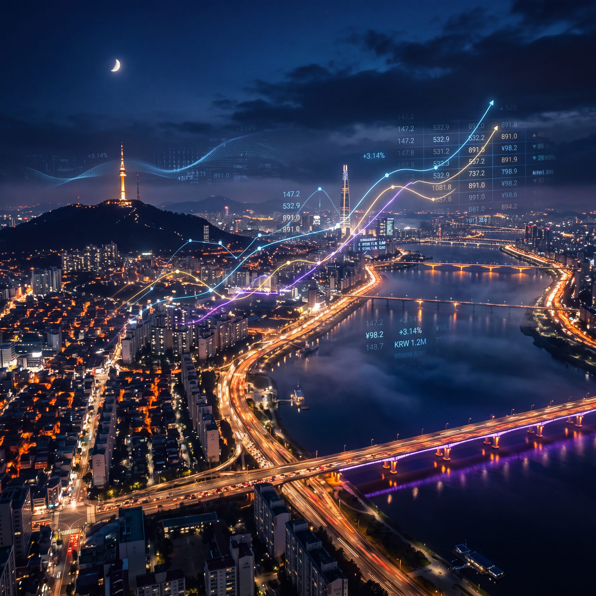 데이터 라인이 겹쳐진 서울 야경